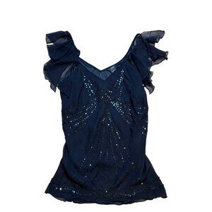 Y2K Guess Black Chiffon Blouse With Sequin Detail & Ruffled Sleeves L